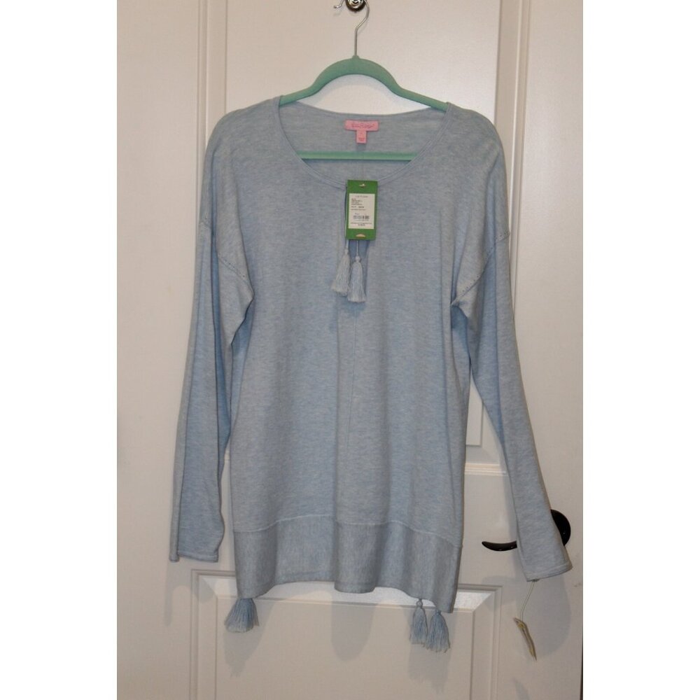 NWT Lilly Pulitzer L Colene Sweater Heathered Boho Blue Soft Coolmax Tassels